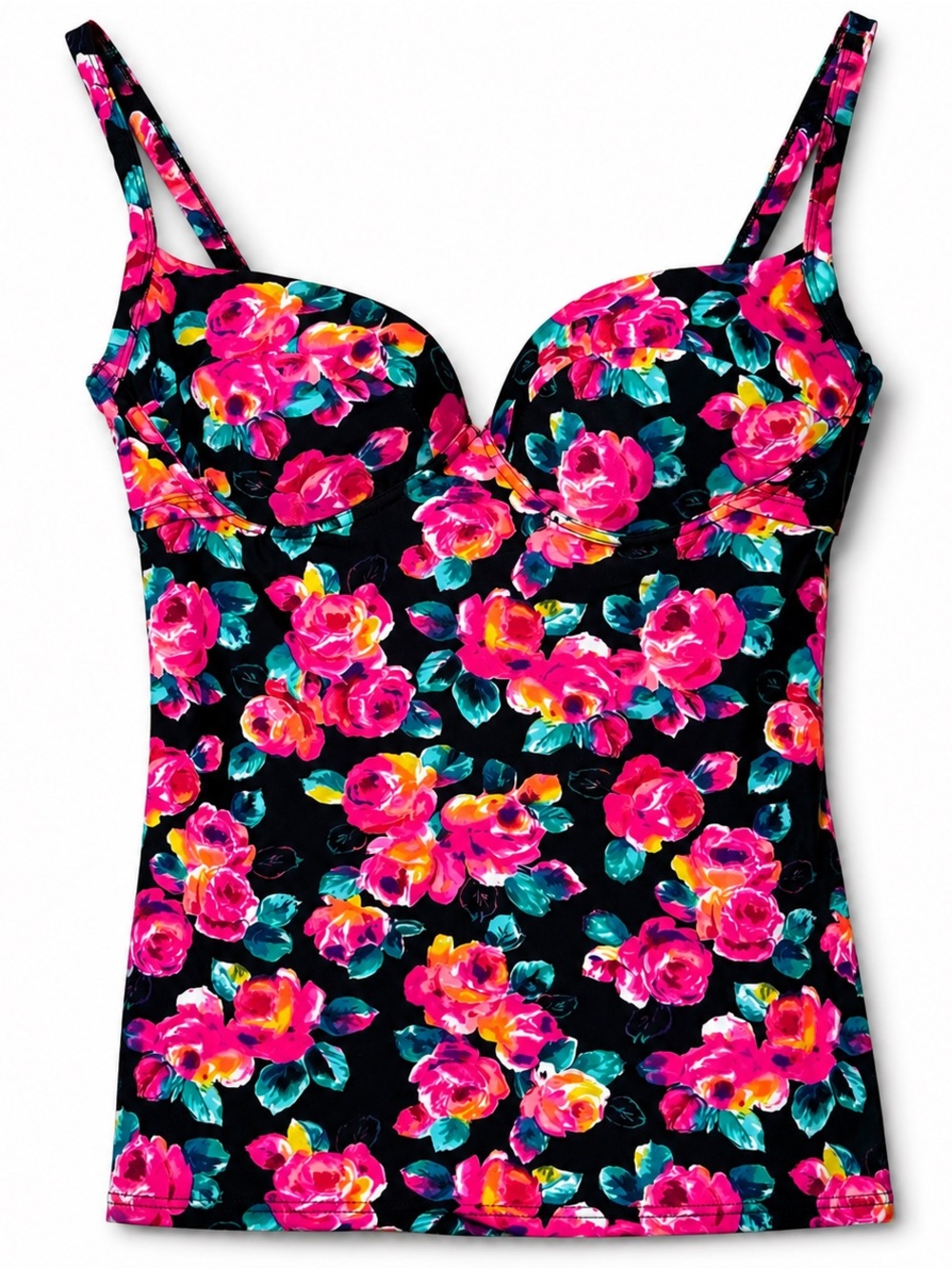 Smart & Sexy 36C Floral Bustier Tankini Top Black Pink Underwire Swim Top